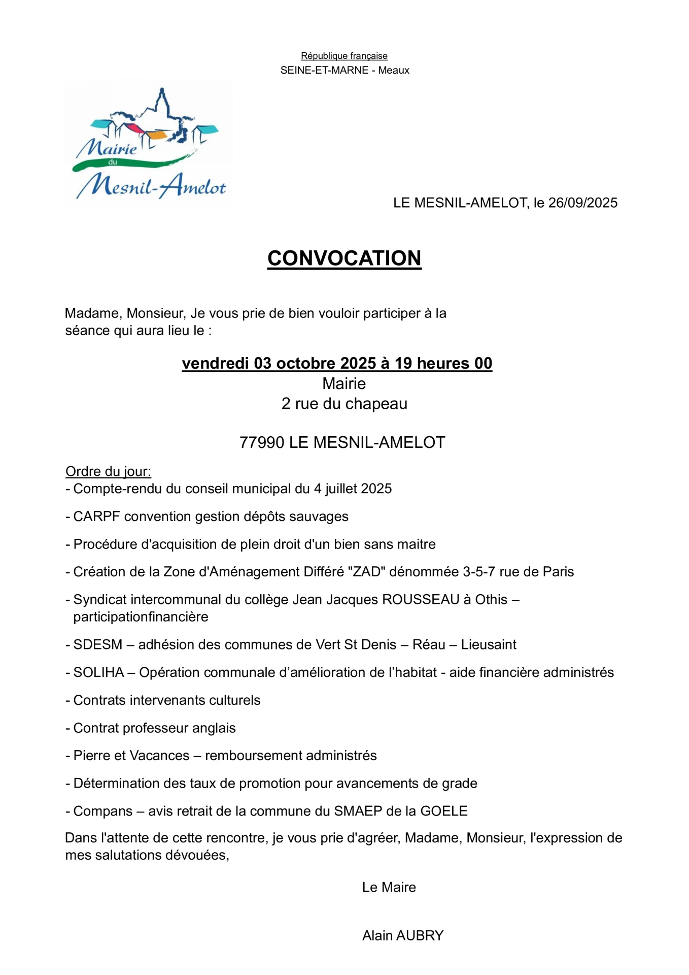Convocation du 03 octobre 2025 - Le Mesnil Amelot